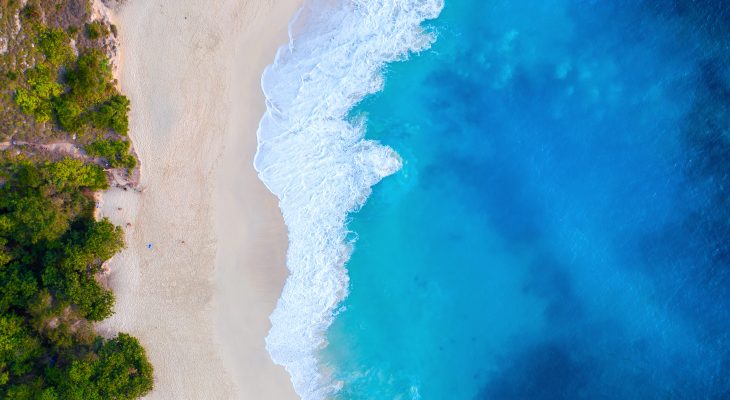 Aerial view of Kelingking Beach in Nusa Penida island, Bali in Indonesia.